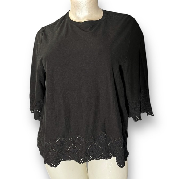 J JILL Black Eyelet Border Scalloped Hem Crew Neck Tee Blouse Top Plus 3X - Picture 1 of 6